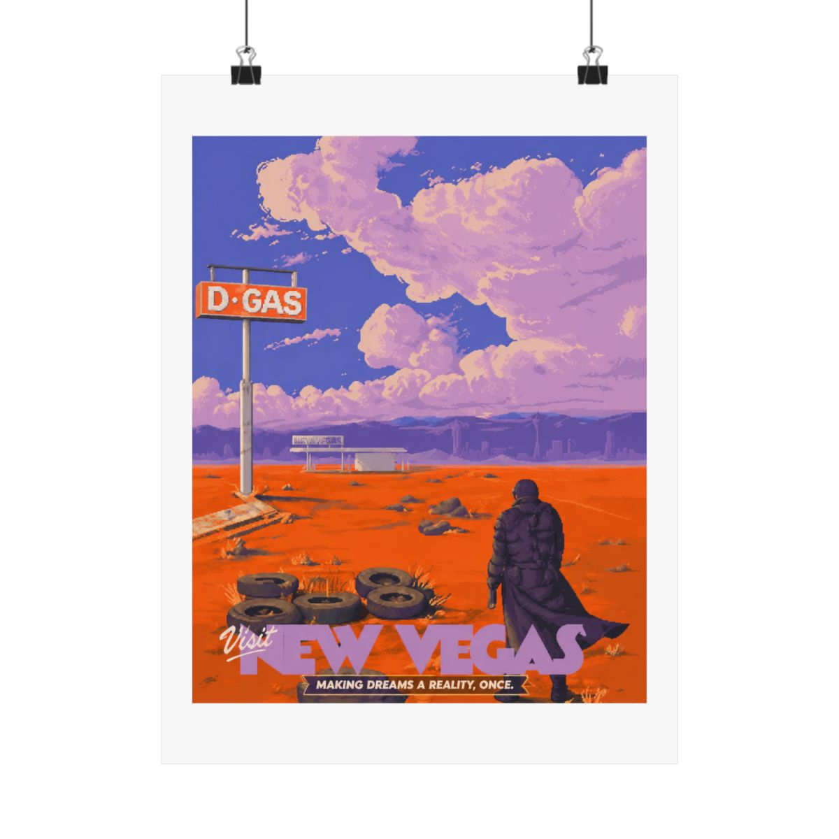 A retro-style travel poster for New Vegas, featuring a lone figure walking towards a distant cityscape. The poster has a bright orange background with a purple sky and clouds. The text "Visit New... - alternate angle 2, merchandise
