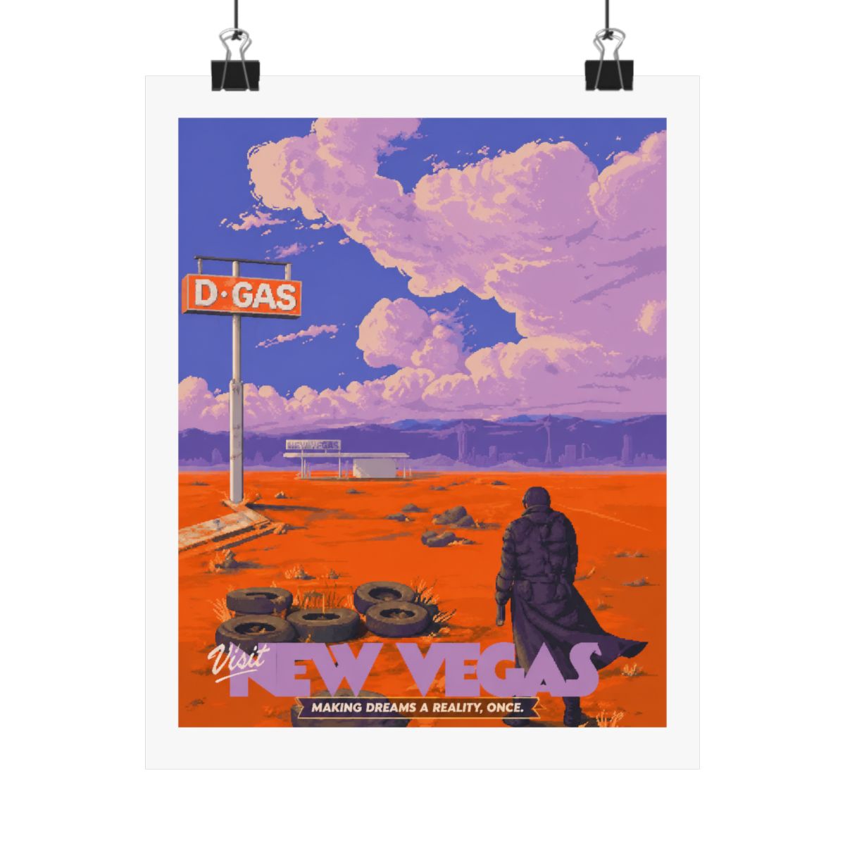 A retro-style travel poster for New Vegas, featuring a lone figure walking towards a distant cityscape. The poster has a bright orange background with a purple sky and clouds. The text "Visit New...