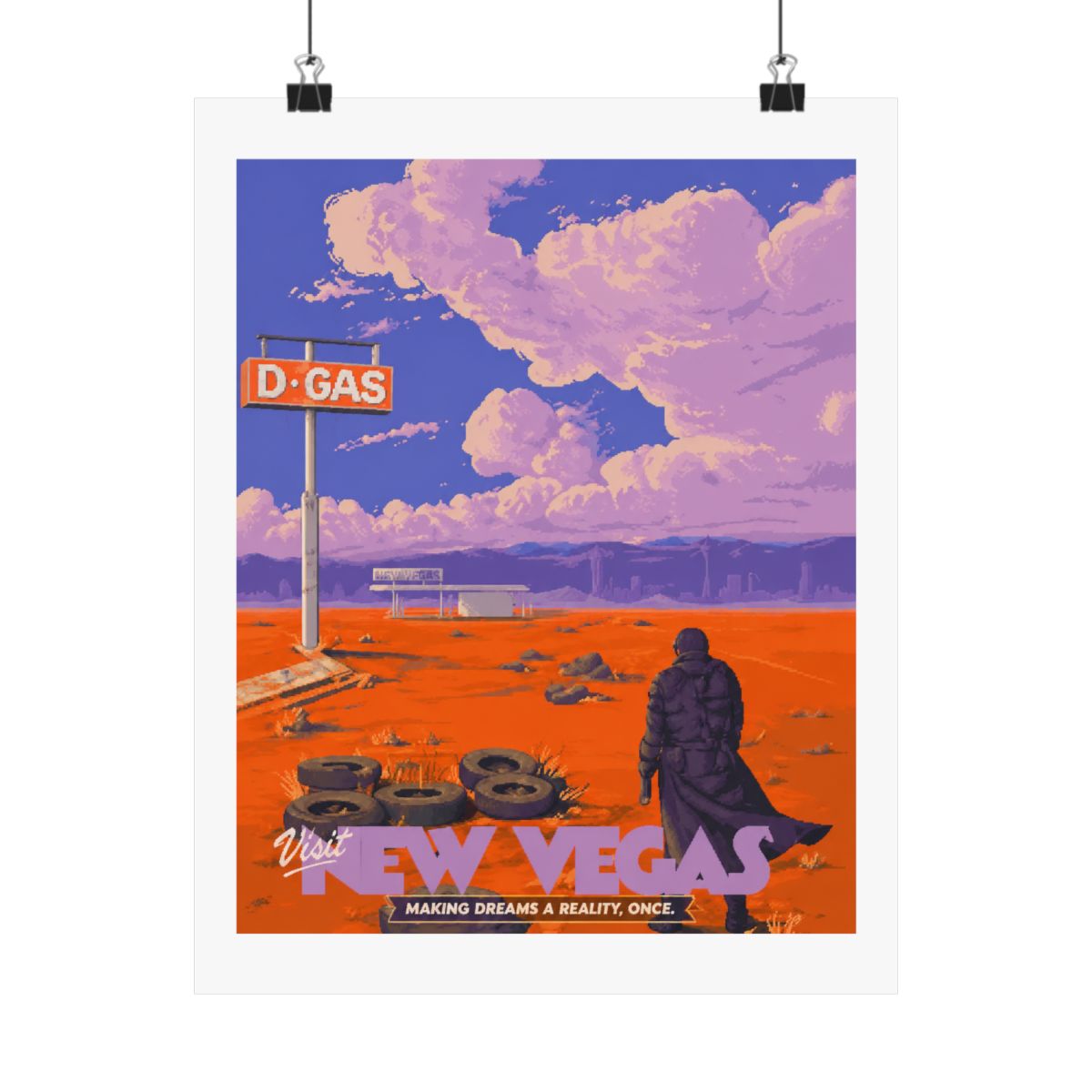 A retro-style travel poster for New Vegas, featuring a lone figure walking towards a distant cityscape. The poster has a bright orange background with a purple sky and clouds. The text "Visit New... - alternate angle 1, merchandise