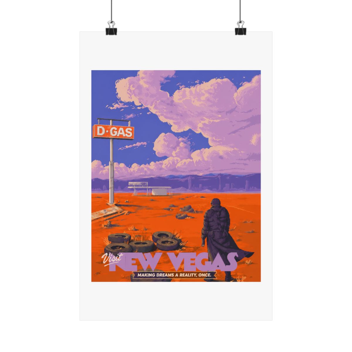 A retro-style travel poster for New Vegas, featuring a lone figure walking towards a distant cityscape. The poster has a bright orange background with a purple sky and clouds. The text "Visit New... - alternate angle 3, merchandise