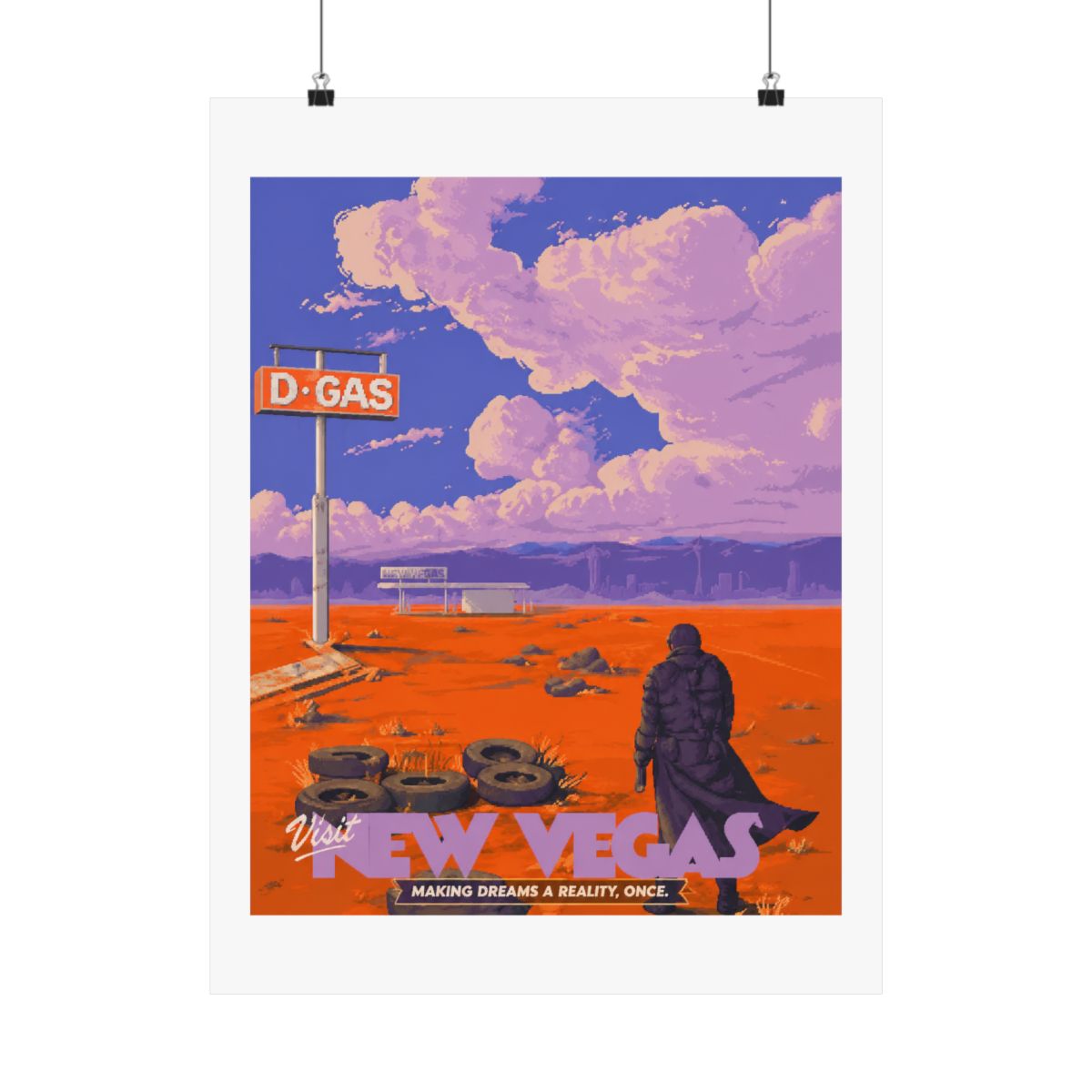 A retro-style travel poster for New Vegas, featuring a lone figure walking towards a distant cityscape. The poster has a bright orange background with a purple sky and clouds. The text "Visit New... - alternate angle 5, merchandise