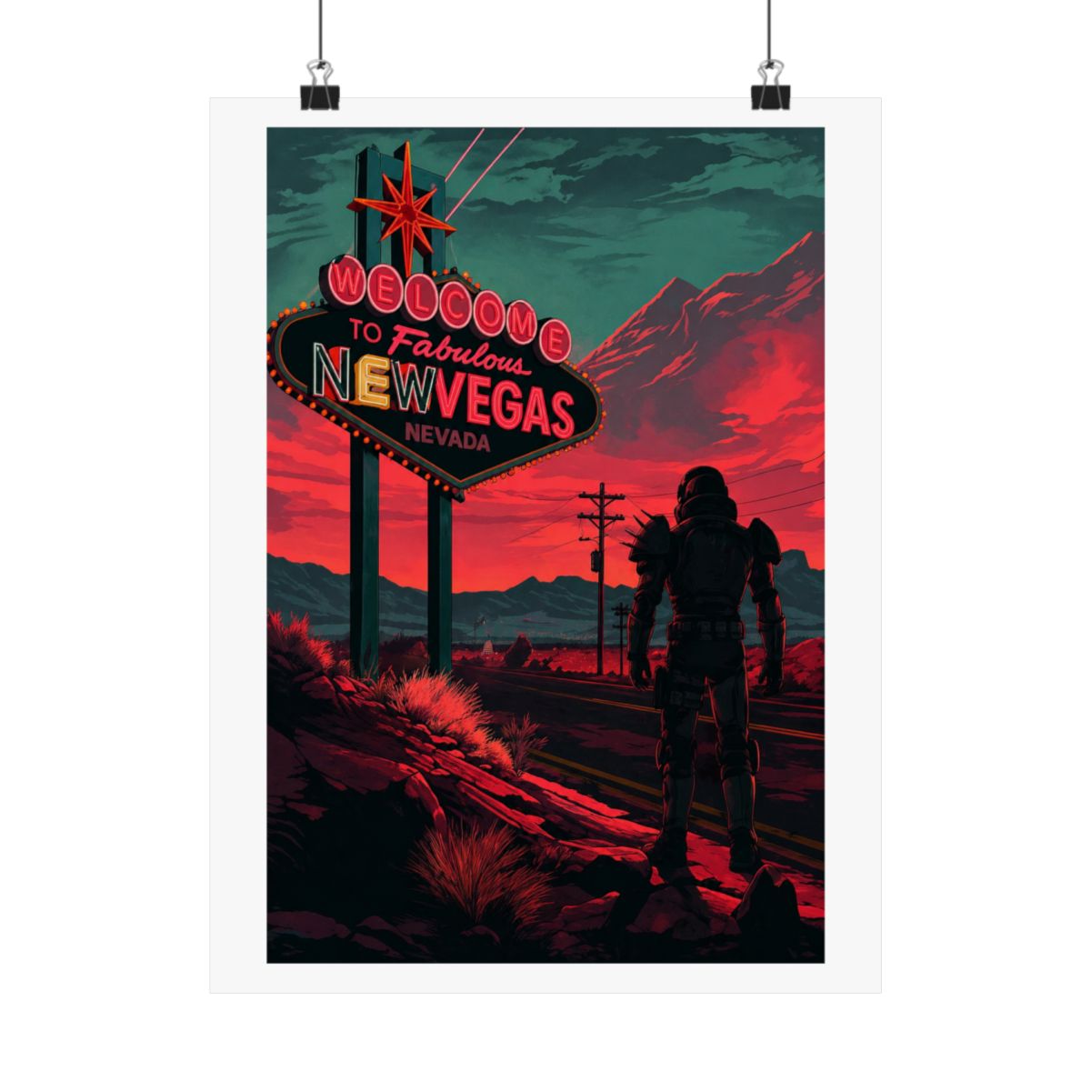 A retro-style poster featuring a neon sign that reads "Welcome to Fabulous New Vegas, Nevada". A lone figure in a futuristic, armoured suit stands in the foreground, facing the sign. The background is...