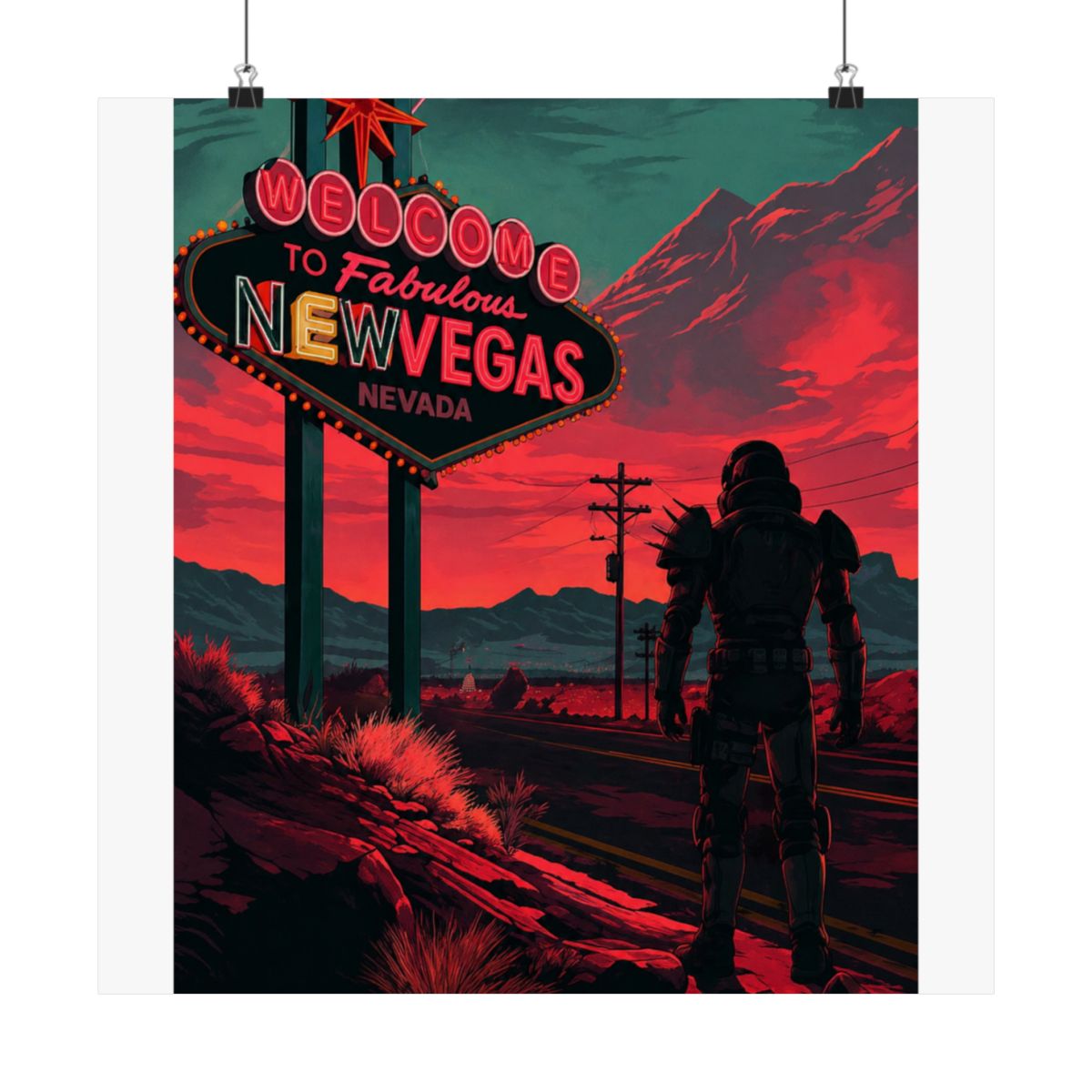 A retro-style poster featuring a neon sign that reads "Welcome to Fabulous New Vegas, Nevada". A lone figure in a futuristic, armoured suit stands in the foreground, facing the sign. The background is... - alternate angle 3, merchandise