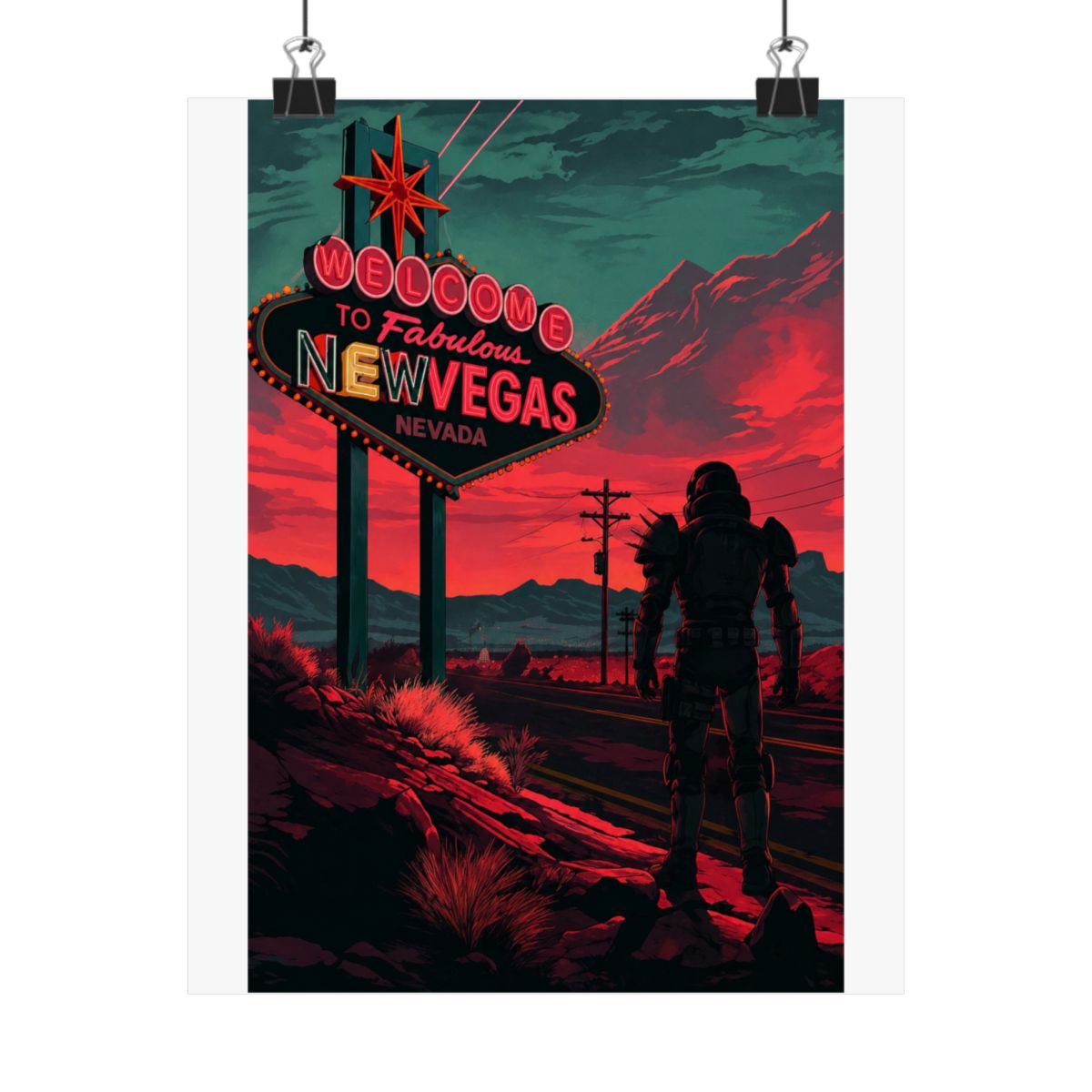 A retro-style poster featuring a neon sign that reads "Welcome to Fabulous New Vegas, Nevada". A lone figure in a futuristic, armoured suit stands in the foreground, facing the sign. The background is...