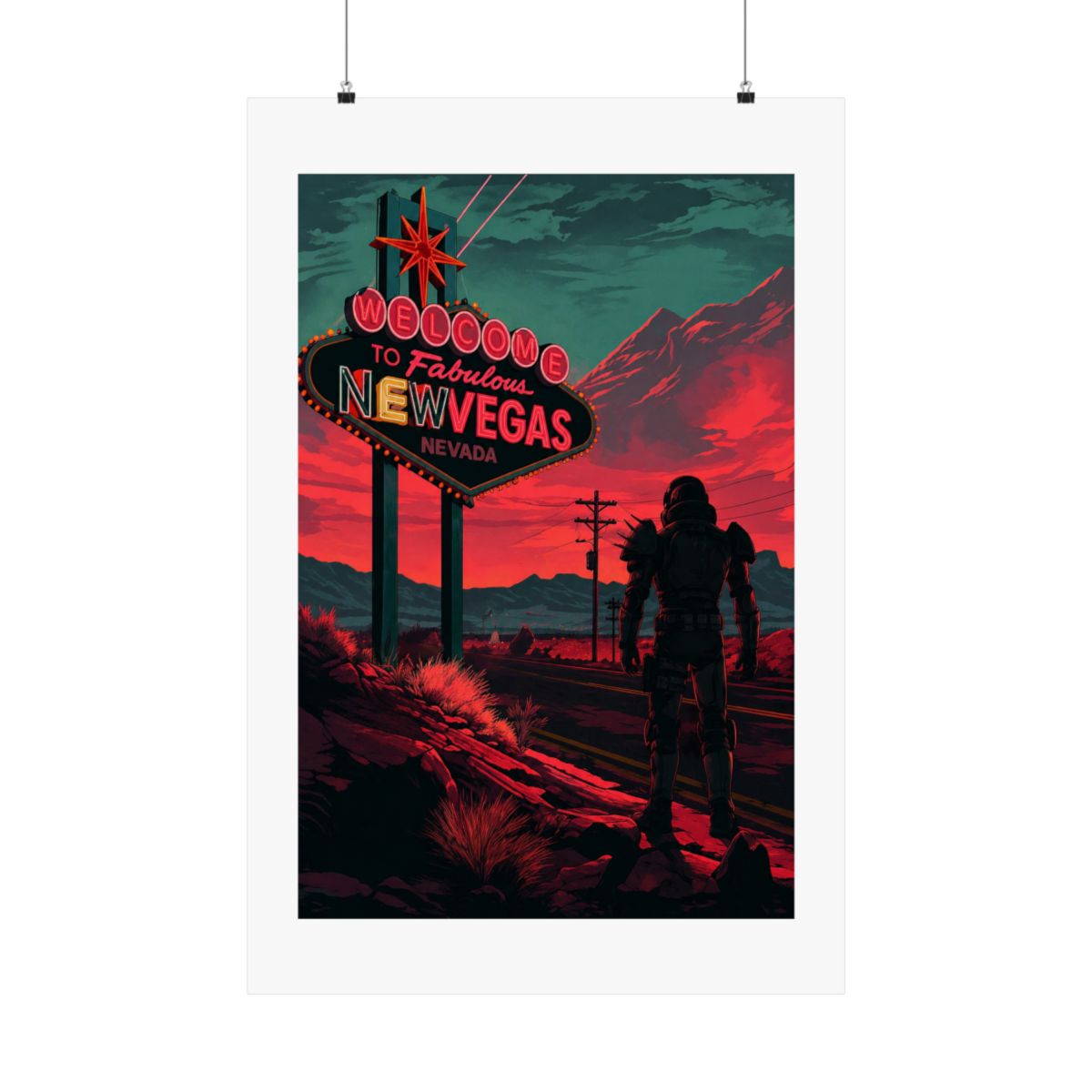 A retro-style poster featuring a neon sign that reads "Welcome to Fabulous New Vegas, Nevada". A lone figure in a futuristic, armoured suit stands in the foreground, facing the sign. The background is... - alternate angle 5, merchandise