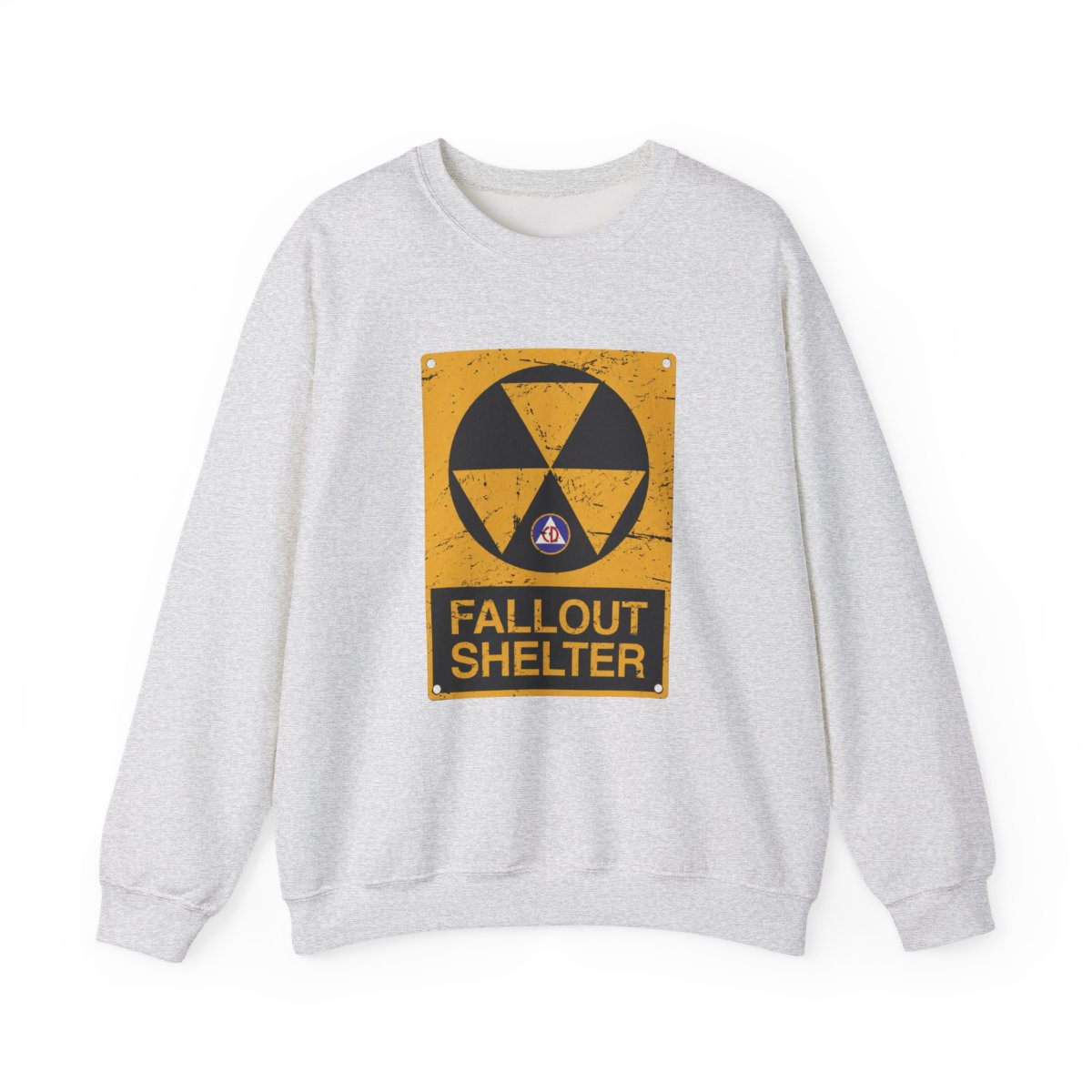 Cold War Civil Defense Fallout Shelter Sign Crewneck T-Shirts - alternate angle 4, merchandise