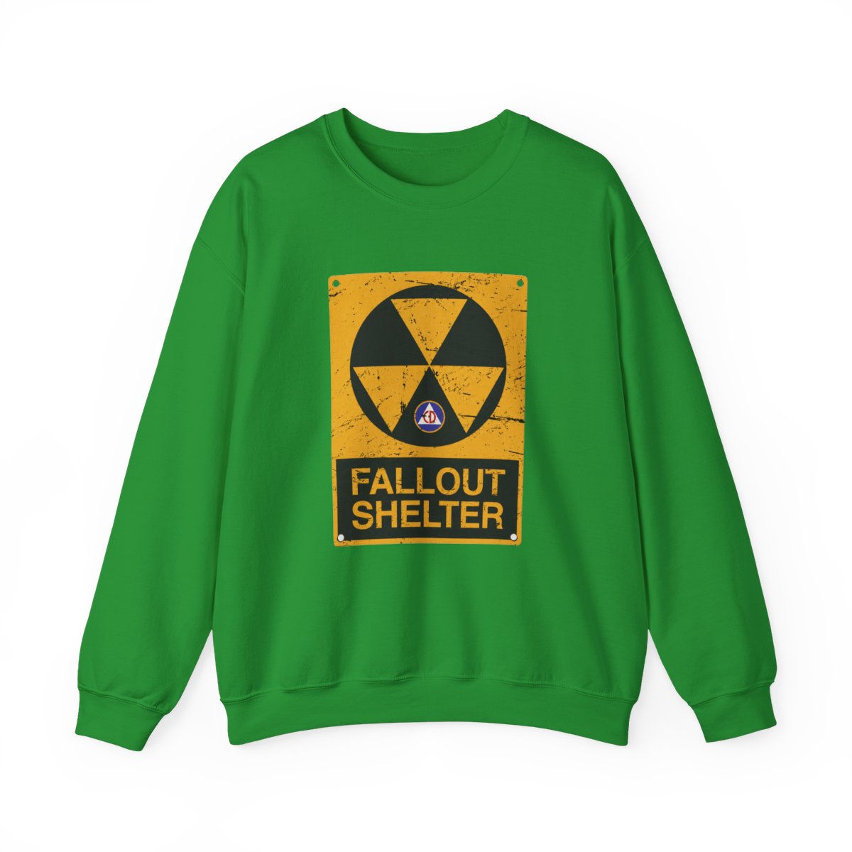 Cold War Civil Defense Fallout Shelter Sign Crewneck T-Shirts - alternate angle 3, merchandise