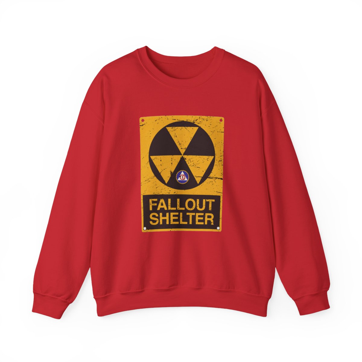 Cold War Civil Defense Fallout Shelter Sign Crewneck T-Shirts - alternate angle 2, merchandise