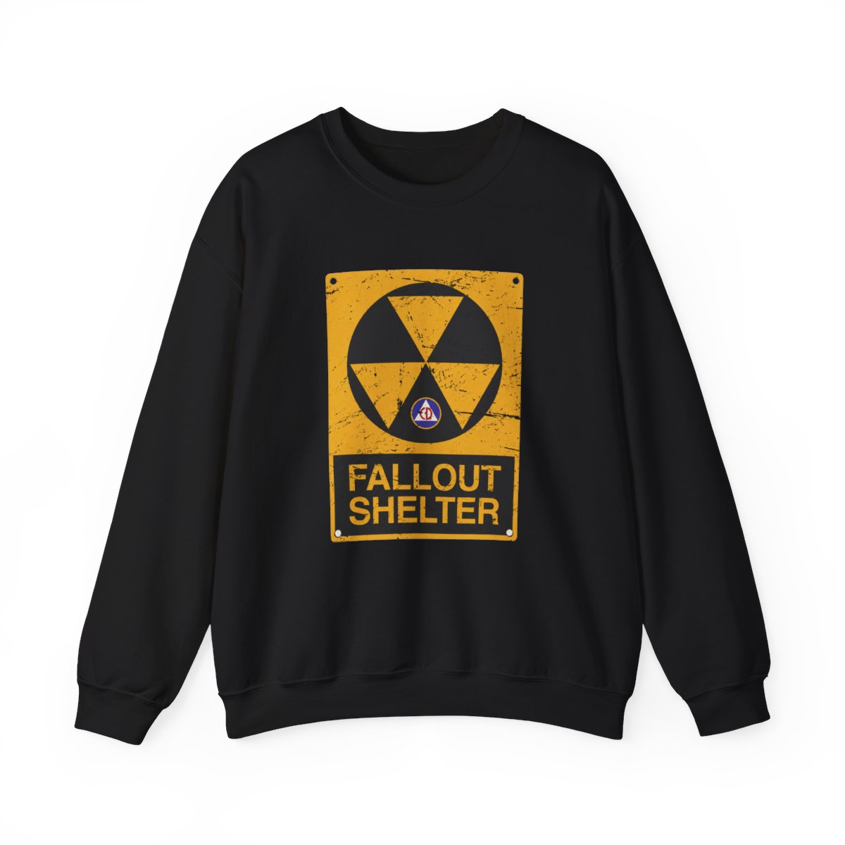 Cold War Civil Defense Fallout Shelter Sign Crewneck T-Shirts - alternate angle 2, merchandise