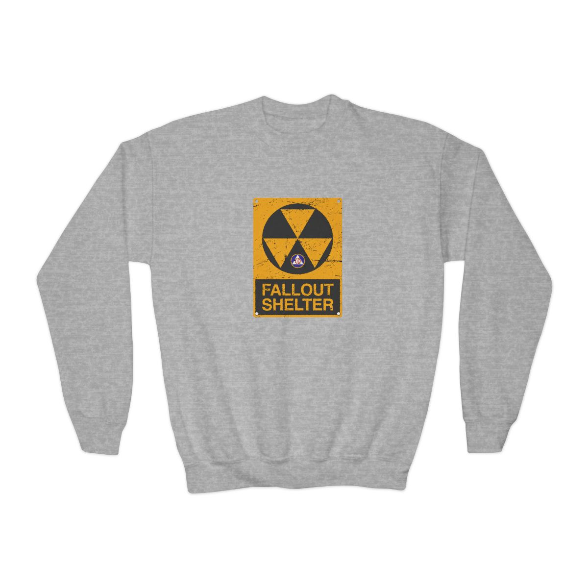 Cold War Civil Defense Fallout Shelter Sign Crewneck Kids T-Shirts - alternate angle 3, merchandise