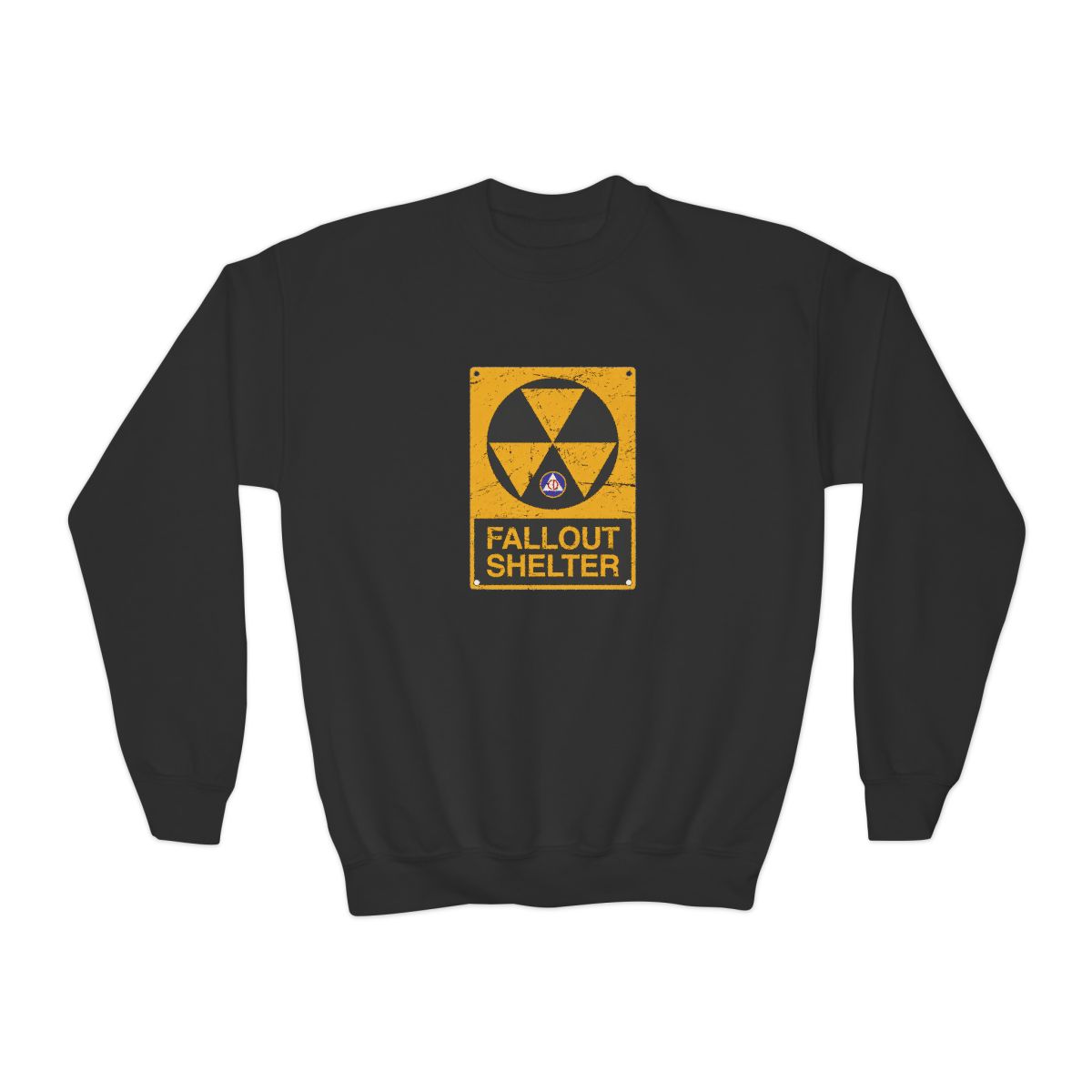Cold War Civil Defense Fallout Shelter Sign Crewneck Kids T-Shirts - alternate angle 2, merchandise